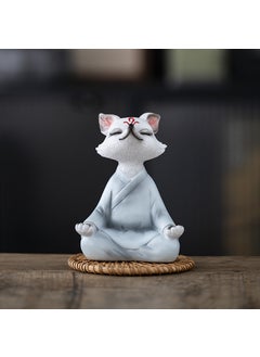 Mini Zen White Fox Succulent Pot Decor Fox sitting on blue clothes + rattan mat