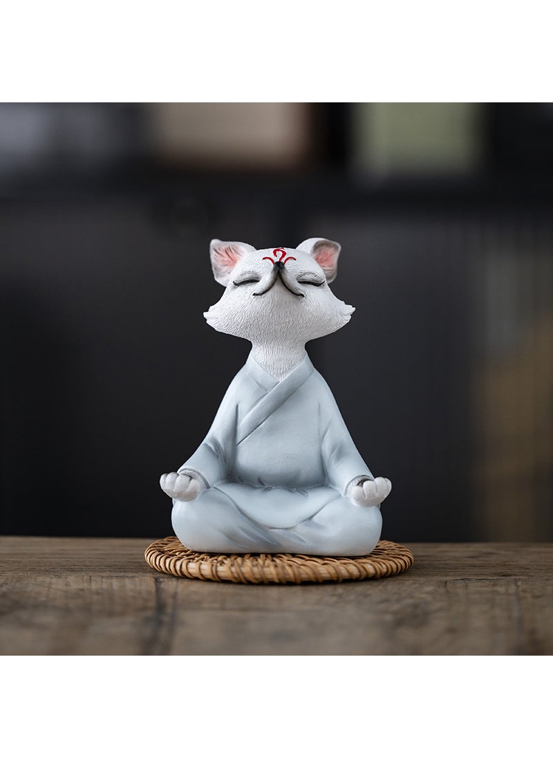 Generic - Mini Zen White Fox Succulent Pot Decor Fox sitting on blue clothes + rattan mat - Image 1