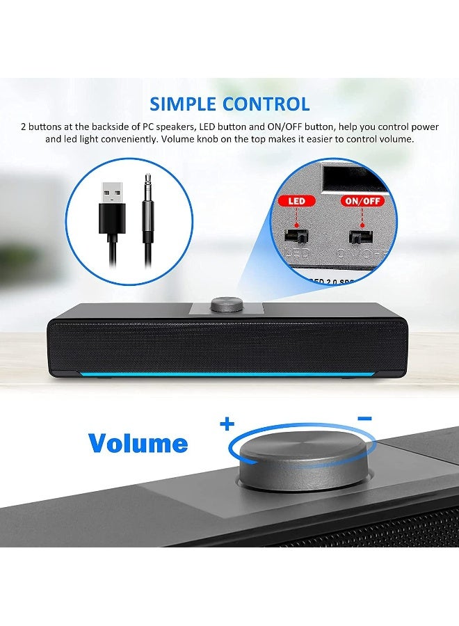 .مكبرات صوت للكمبيوتر، شريط صوت سطح مكتب سلكي وبلوتوث 2.0 يعمل بمنفذ USB مع إضاءة LED وكابل USB مقاس 3.5 مم للتلفزيون وسطح المكتب والكمبيوتر المحمول وشاشة الكمبيوتر والهاتف المحمول - Image 4