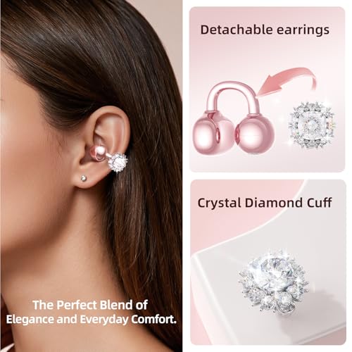 Kinglucky Clip-On Open Ear Earbuds with Detachable Diamond Earrings, Bluetooth 5.4 Open Ear Wireless Headphones for Women, 40H Playtime, Comfortable Small-Ear Fit, Rose Gold - Image 2