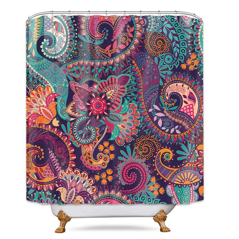 Riyidecor Bohemian Mandala Indian Shower Curtain Paisley Purple Floral Boho Yoga Abstract Tribal Colorful Bathroom Home Decor Set Fabric Waterproof Included 12 Plastic Shower Hooks 72Wx72H Inch - Image 5