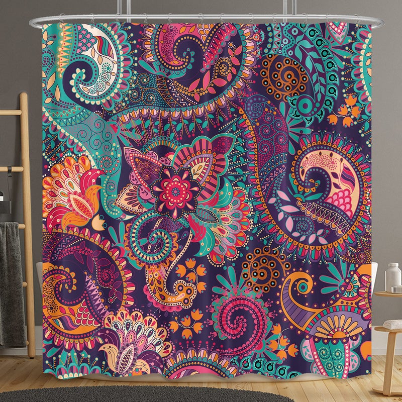 Riyidecor Bohemian Mandala Indian Shower Curtain Paisley Purple Floral Boho Yoga Abstract Tribal Colorful Bathroom Home Decor Set Fabric Waterproof Included 12 Plastic Shower Hooks 72Wx72H Inch - Image 1