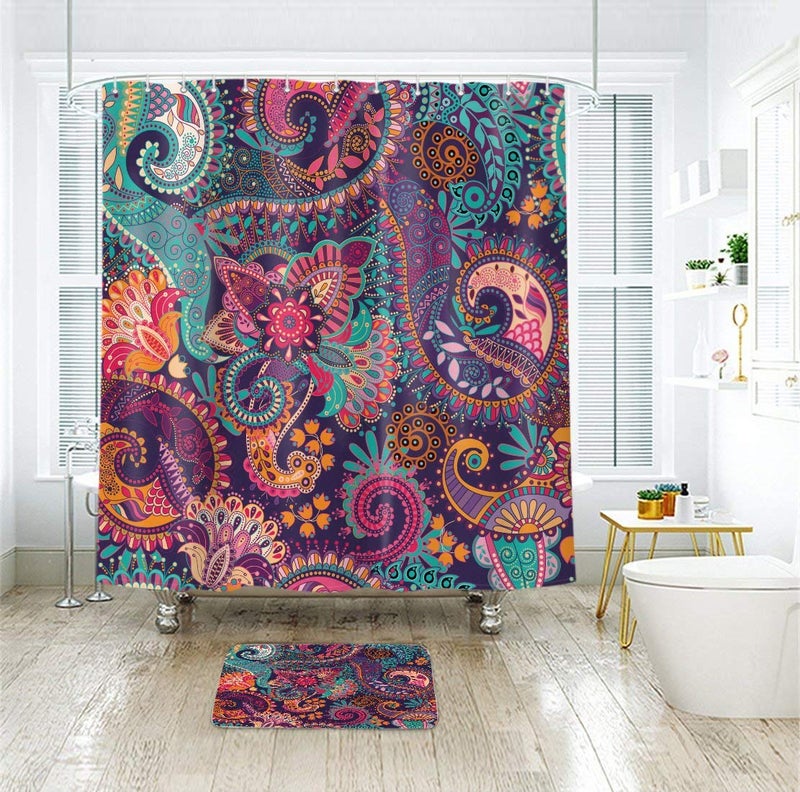 Riyidecor Bohemian Mandala Indian Shower Curtain Paisley Purple Floral Boho Yoga Abstract Tribal Colorful Bathroom Home Decor Set Fabric Waterproof Included 12 Plastic Shower Hooks 72Wx72H Inch - Image 2
