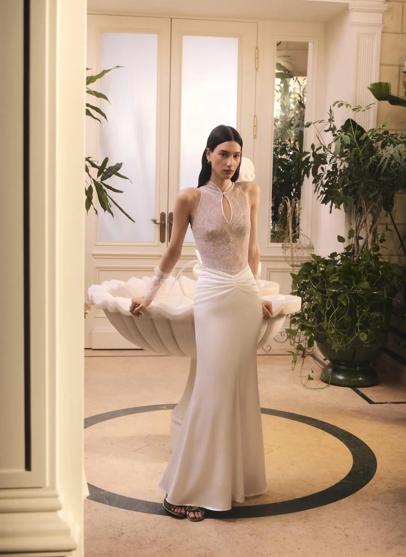 Lichi  Maxi dress with a lace bodice and hip draping for Women | Best Price UAE