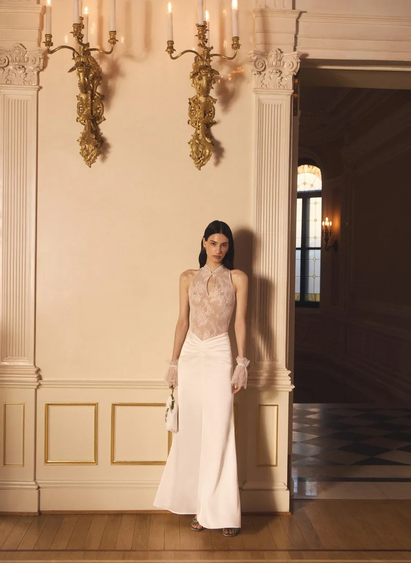 Lichi  Maxi dress with a lace bodice and hip draping for Women | Best Price UAE