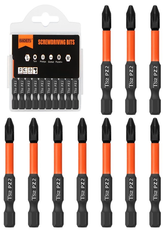BAIDETS Pro PZ2 Screwdriver Bit Set - Screwdriver Pozi 10 Pieces, 50 mm Length, 1/4 Inch Hex Shank Bit Assortment, with Dispenser Box - Image 1