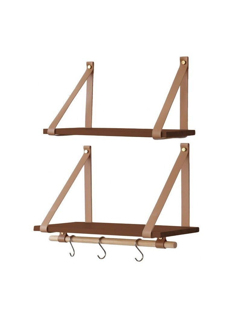 Home Gallery PU Biege Leather Strap Wall Floating Shelves  Brown  - Image 2