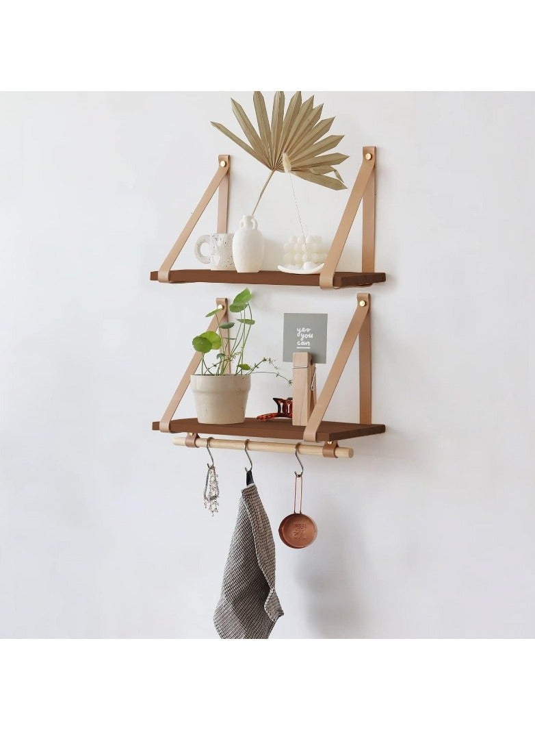 Home Gallery PU Biege Leather Strap Wall Floating Shelves  Brown  - Image 1