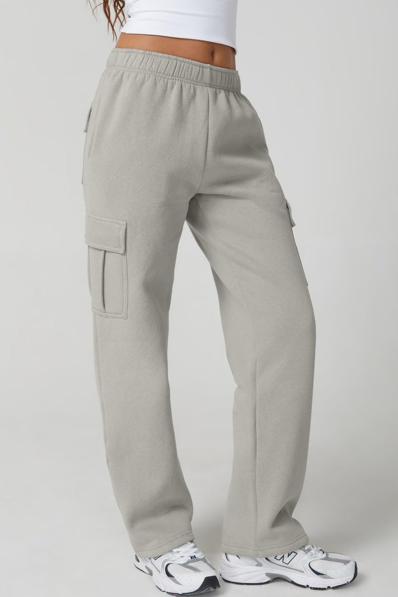 QINSEN Woman's Wide Leg Cargo Pants High Waist Classic Solid Fleece Pants Lounge Wear Light Grey L - Image 4