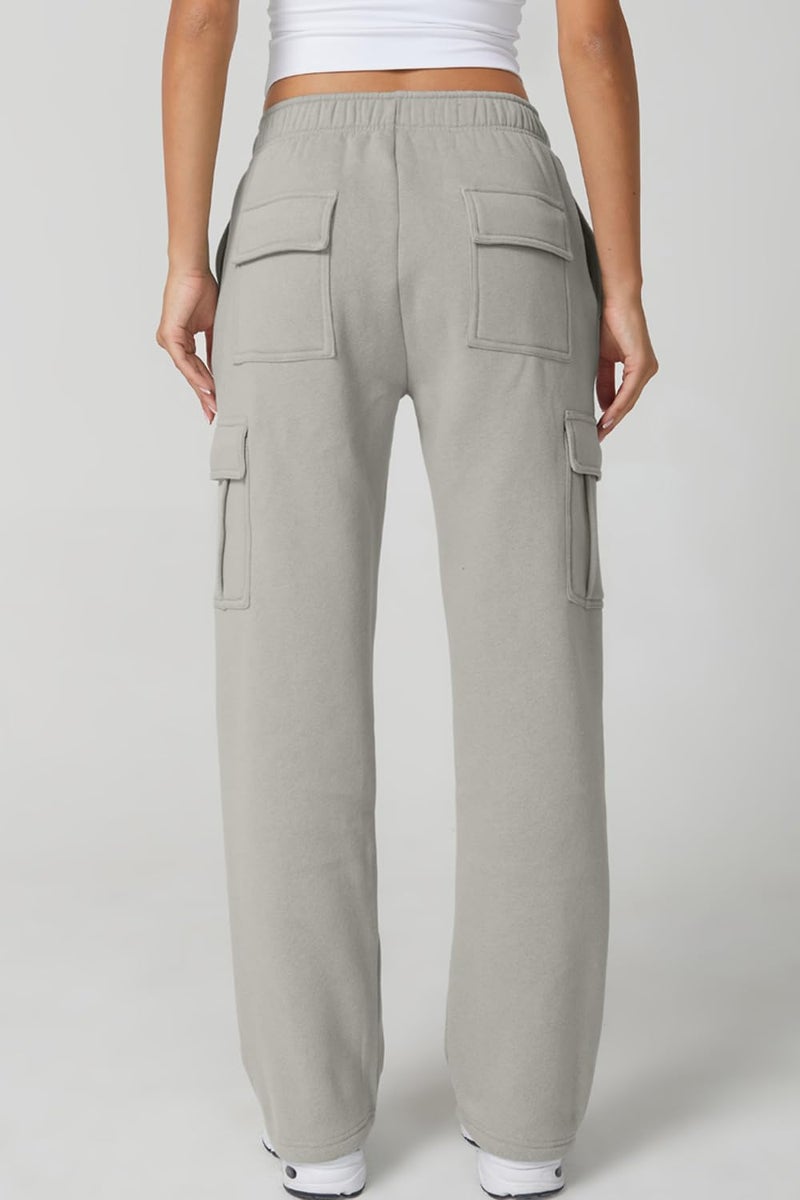 QINSEN Woman's Wide Leg Cargo Pants High Waist Classic Solid Fleece Pants Lounge Wear Light Grey L - Image 3
