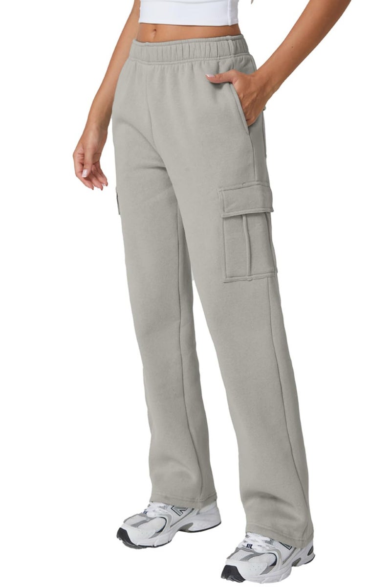 QINSEN Woman's Wide Leg Cargo Pants High Waist Classic Solid Fleece Pants Lounge Wear Light Grey L - Image 1