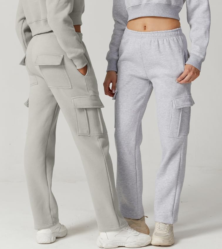 QINSEN Woman's Wide Leg Cargo Pants High Waist Classic Solid Fleece Pants Lounge Wear Light Grey L - Image 5