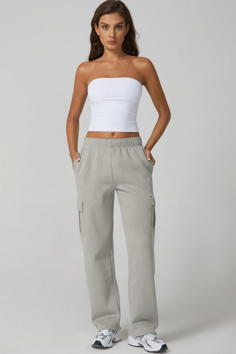 QINSEN Woman's Wide Leg Cargo Pants High Waist Classic Solid Fleece Pants Lounge Wear Light Grey L - Image 2