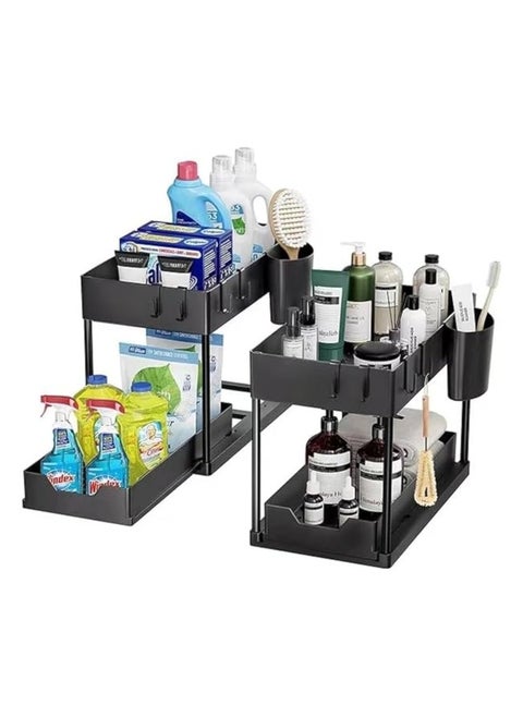 S2C Non-Slip Under Sink Organizer, Multi-Purpose Organizer With Hooks & Cup, for Kitchen, Bathroom, Countertop, and Cabinet - Sturdy and Durable with Sliding Drawers, Easy Assembly (2 Pack)