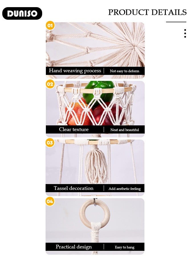 DUNISO سلة فواكه معلقة من 3 طبقات، سلة معلقة مصنوعة يدويًا بأسلوب بوهيمي، منظم فواكه معلقة على الحائط، حوامل نباتات داخلية، سلة منسوجة للمنزل، المطبخ، سلة تخزين متعددة الوظائف للفواكه، الخضروات، الوجبات الخفيفة - Image 2