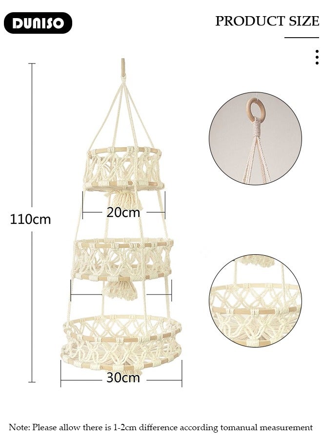 DUNISO سلة فواكه معلقة من 3 طبقات، سلة معلقة مصنوعة يدويًا بأسلوب بوهيمي، منظم فواكه معلقة على الحائط، حوامل نباتات داخلية، سلة منسوجة للمنزل، المطبخ، سلة تخزين متعددة الوظائف للفواكه، الخضروات، الوجبات الخفيفة - Image 4