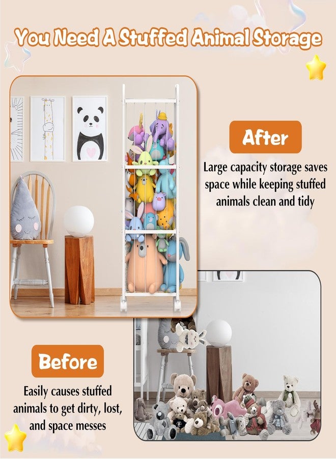 Oneyus Stuffed Animal Storage, Metal Tube Toy Storage Organizer Extra Large Stuffed Animal Holder With Brake Wheels, Stuffed Animal Zoo Organizer For Nursery Playroom Kids Room White(53.5” x 18.1”x 13”) 13”) - Image 3