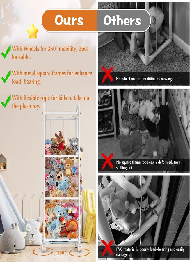 Oneyus Stuffed Animal Storage, Metal Tube Toy Storage Organizer Extra Large Stuffed Animal Holder With Brake Wheels, Stuffed Animal Zoo Organizer For Nursery Playroom Kids Room White(53.5” x 18.1”x 13”) 13”) - Image 4