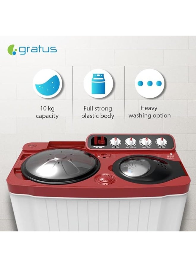 gratus 10 KG Top‑Load Semi‑Automatic Washing Machine | White/Maroon | Lint Filter & Spin‑Dry | Made in India | Model GSWM100IVDX - Image 4