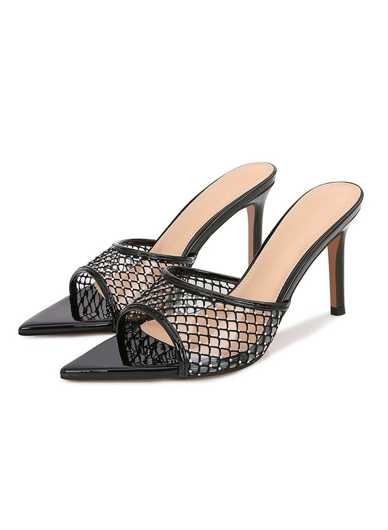 Loquat Women's Grid Rhinestone Pointed Toe One Line Design High Heeled Sandals Stiletto Heel Open Toe Slip On High Heels Slippers Black 8.5CM  - Image 1