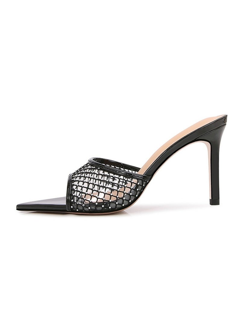 Loquat Women's Grid Rhinestone Pointed Toe One Line Design High Heeled Sandals Stiletto Heel Open Toe Slip On High Heels Slippers Black 8.5CM  - Image 3