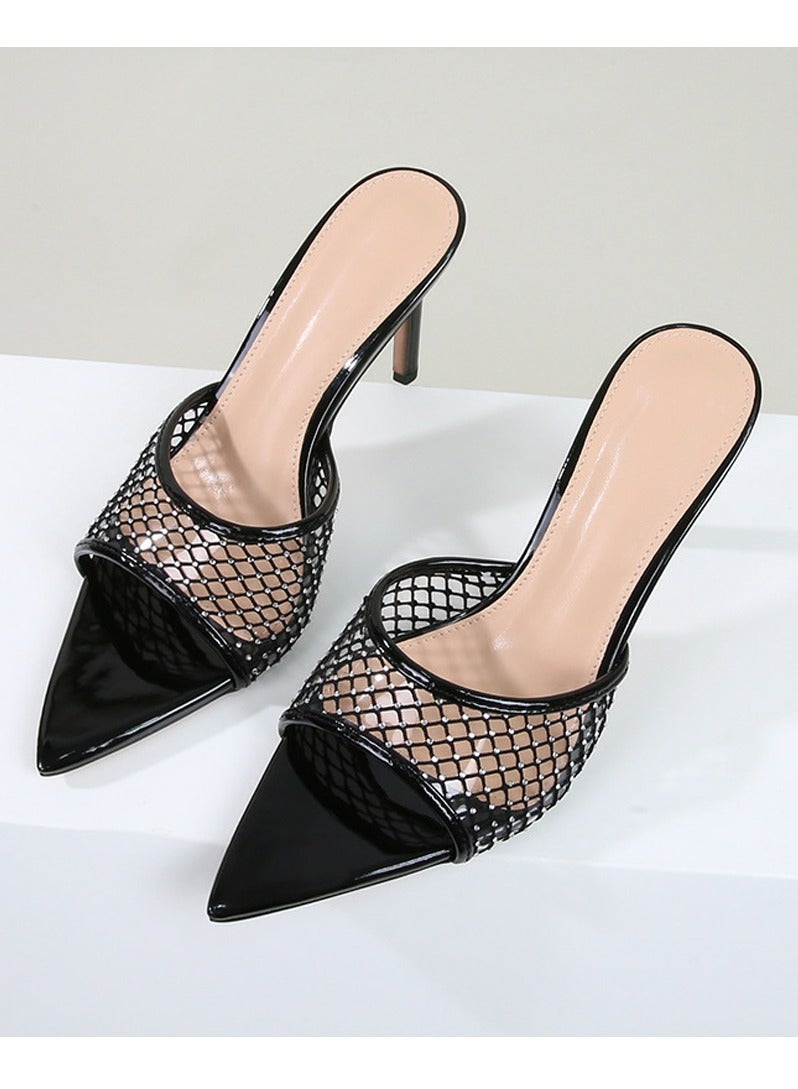 Loquat Women's Grid Rhinestone Pointed Toe One Line Design High Heeled Sandals Stiletto Heel Open Toe Slip On High Heels Slippers Black 8.5CM  - Image 2