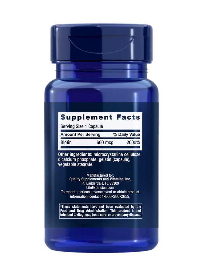 Life Extension بيوتين 600 ميكروغرام مكمل فيتامين ب7 لدعم الشعر الجميل والأظافر وما وراء ذلك خالي من الغلوتين وغير معدل وراثيًا 100 كبسولة - Image 3