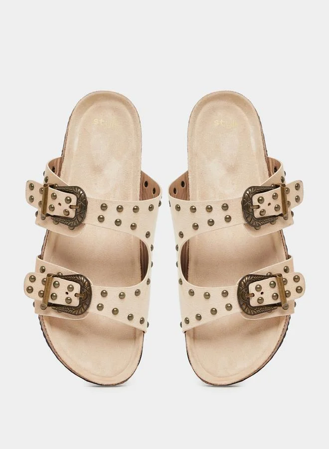 Styli Studded Buckle Accent Slip-On Sandals