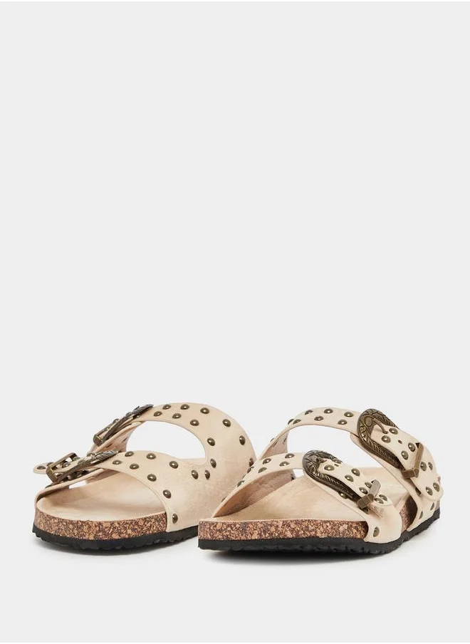 Styli Studded Buckle Accent Slip-On Sandals