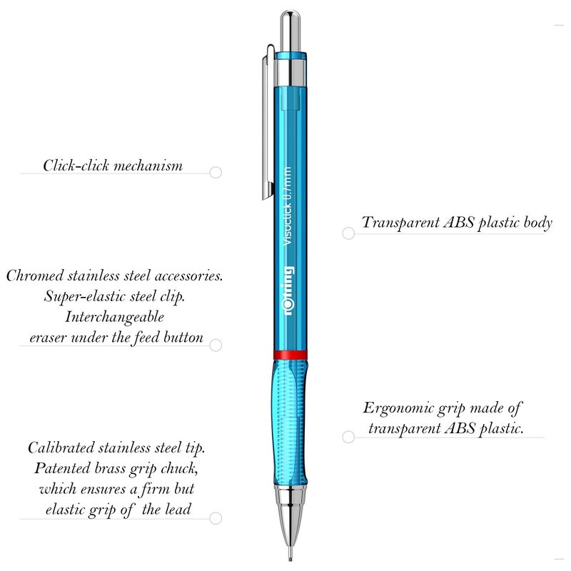 Rotring Visuclick Blue Mechanical Pencil 07mm for Drawing Writing Sketching Transparent ABS Plastic Body 12 HB Polymer Leads - Image 2