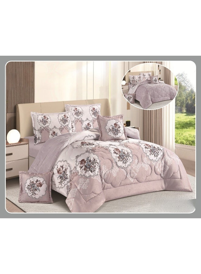 سمارت هوم مفرش سرير شتوي نفرين وجهين (وجه مخمل ووجه فرو) - مفرش بحشوة – طقم لحاف 6 قطع فاخر مزدوج كامل يشمل مفرش بحشوة 250×230 سم + واقي مرتبة مطاط 200×200+30 سم + 2 كيس مخدة 50×75+5 سم + 2 كيس وسادة مربعة 45×45+5 سم – مفارش نوم أنيقة فندقية ناعمة ودافئة للغرفة - Image 1