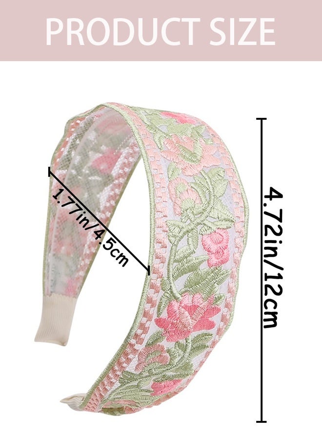 4PCS Floral Embroidery Headbands, Cute Spring Summer Flower Printed Headband, Mesh Elastic Embroidery Hairbands, Wide Boho Mesh Fabric Hair Bands, Comfortable Non Slip Hair Accessories for Women Girls - Image 2