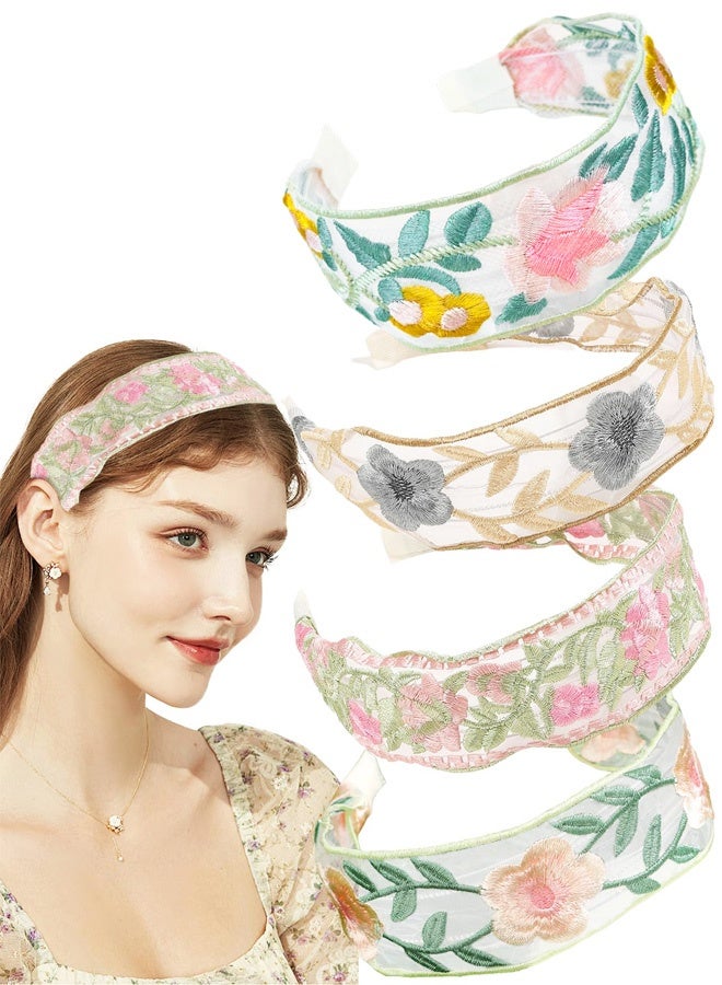 4PCS Floral Embroidery Headbands, Cute Spring Summer Flower Printed Headband, Mesh Elastic Embroidery Hairbands, Wide Boho Mesh Fabric Hair Bands, Comfortable Non Slip Hair Accessories for Women Girls - Image 1
