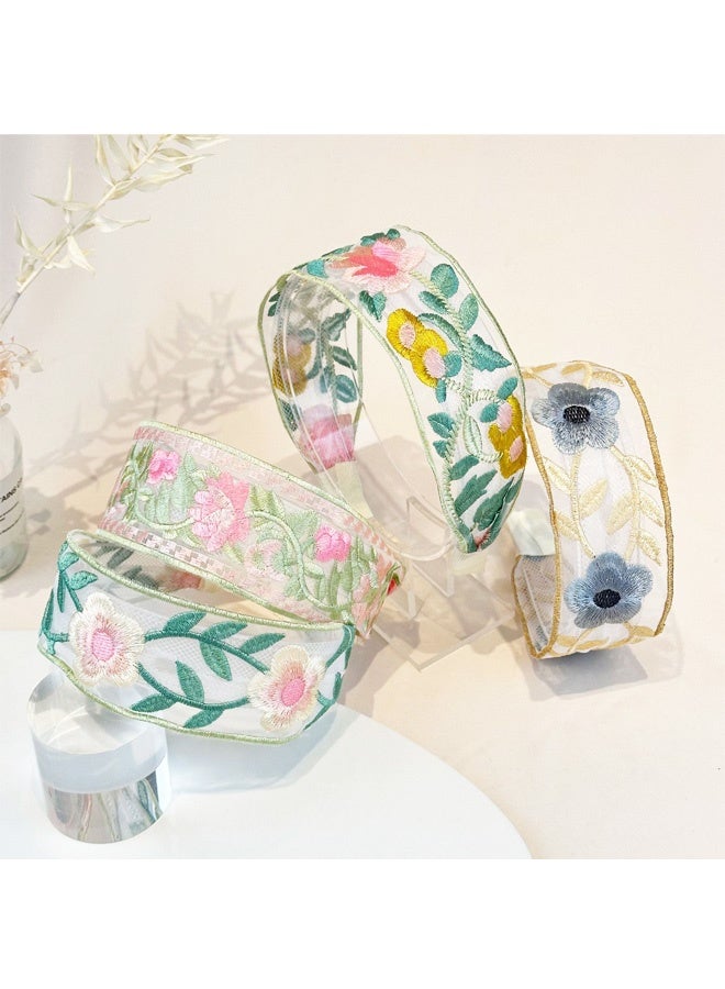 4PCS Floral Embroidery Headbands, Cute Spring Summer Flower Printed Headband, Mesh Elastic Embroidery Hairbands, Wide Boho Mesh Fabric Hair Bands, Comfortable Non Slip Hair Accessories for Women Girls - Image 3