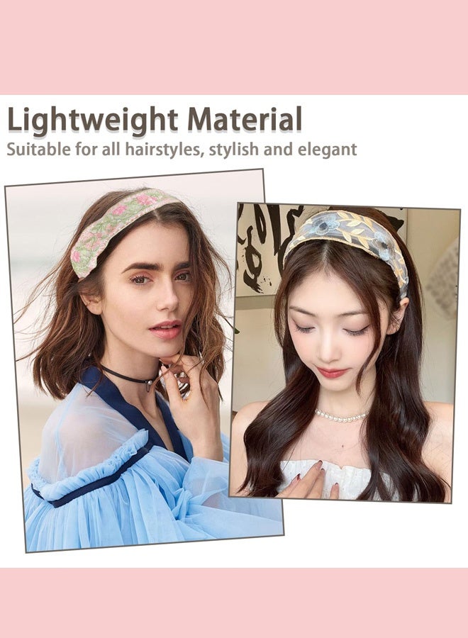 4PCS Floral Embroidery Headbands, Cute Spring Summer Flower Printed Headband, Mesh Elastic Embroidery Hairbands, Wide Boho Mesh Fabric Hair Bands, Comfortable Non Slip Hair Accessories for Women Girls - Image 5
