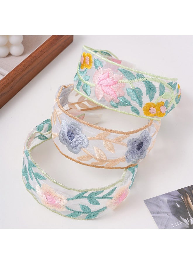 4PCS Floral Embroidery Headbands, Cute Spring Summer Flower Printed Headband, Mesh Elastic Embroidery Hairbands, Wide Boho Mesh Fabric Hair Bands, Comfortable Non Slip Hair Accessories for Women Girls - Image 4