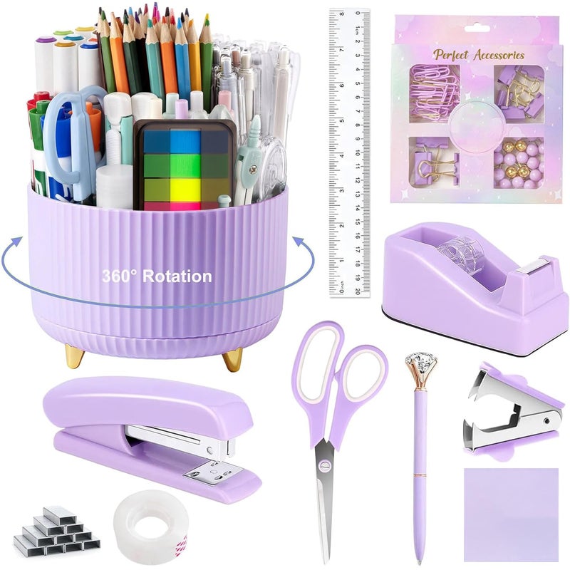 suniya Office Supplies,Desk Accessories,with Stapler,Tape Dispenser,Staple Remover,Scissor,Ballpoint Pen,Sticky Notes,Clear Tape,Staples,Desk Organizer,Ruler,Binder,Best Gift Set(Purple) - Image 1