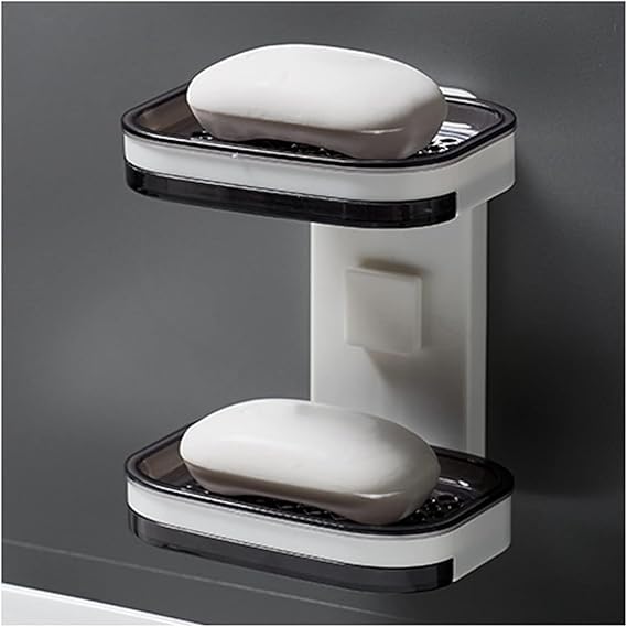 Riviox Plastic Wall Mounted Double Layers Soap Dish Saver with Drain Tray, Adhesive Sponge Holder No-Drilling Soap Holder for Shower Bathroom Kitchen - Image 1