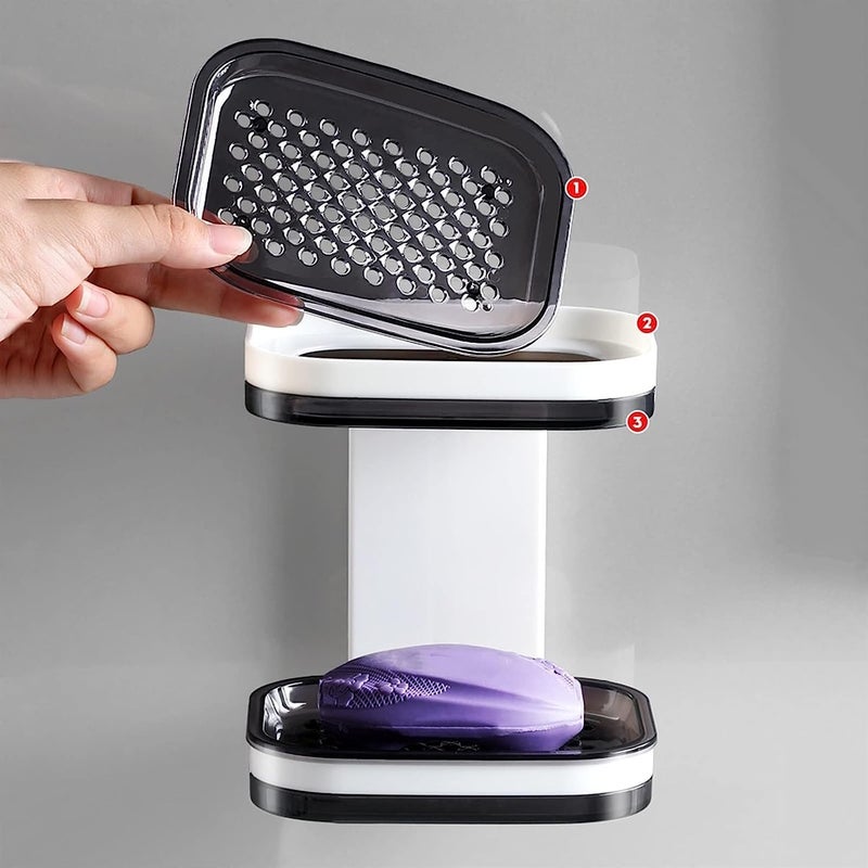 Riviox Plastic Wall Mounted Double Layers Soap Dish Saver with Drain Tray, Adhesive Sponge Holder No-Drilling Soap Holder for Shower Bathroom Kitchen - Image 2