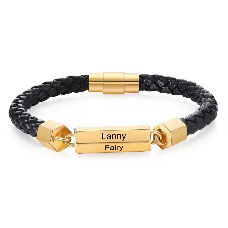 Personalized Gold Braided Leather Bracelet For Men With 3 Names Engraved - Image 2
