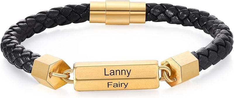Personalized Gold Braided Leather Bracelet For Men With 3 Names Engraved - Image 1