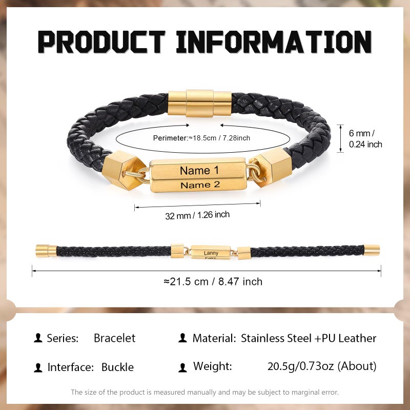 Personalized Gold Braided Leather Bracelet For Men With 3 Names Engraved - Image 3