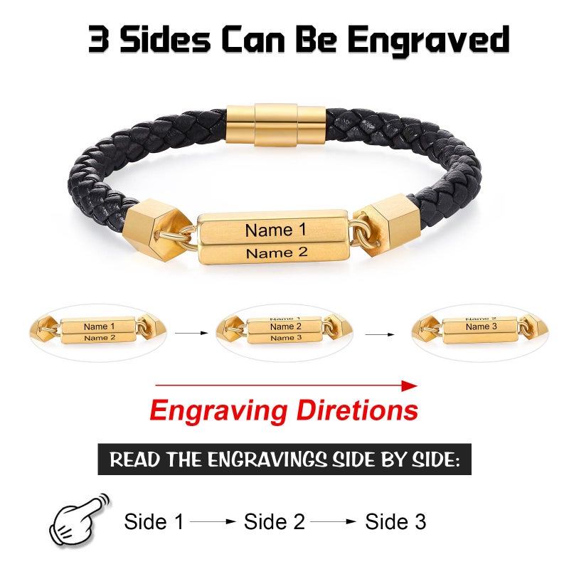 Personalized Gold Braided Leather Bracelet For Men With 3 Names Engraved - Image 4