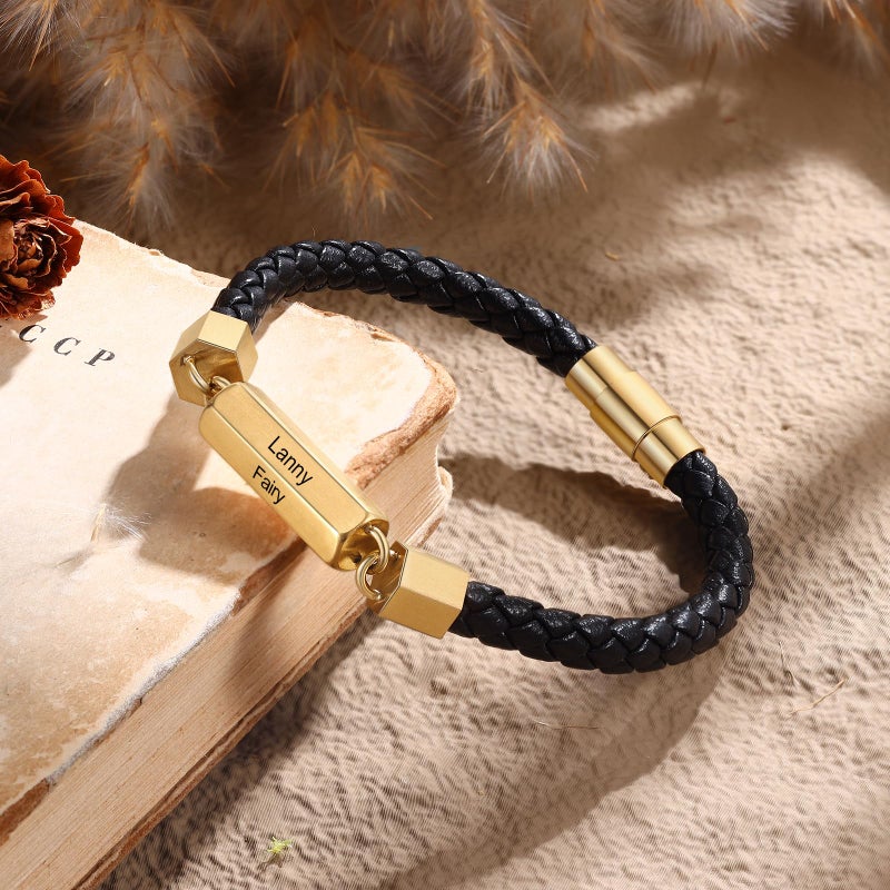 Personalized Gold Braided Leather Bracelet For Men With 3 Names Engraved - Image 5