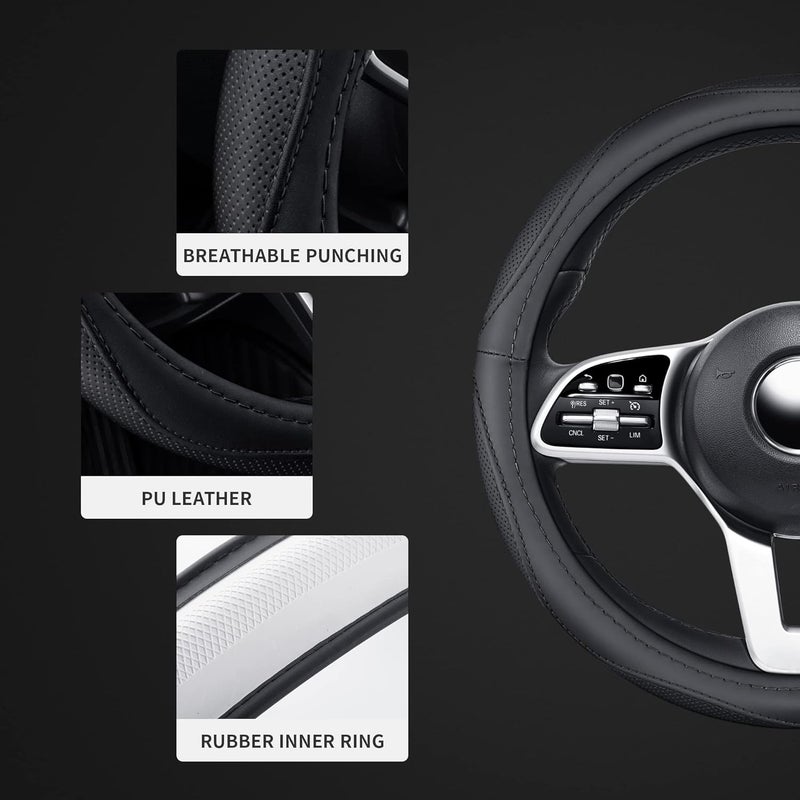 TAPHA Microfiber Leather 15" Universal Fit Car Steering Wheel Cover - Elastic, Breathable, Odorless, Black - Image 4
