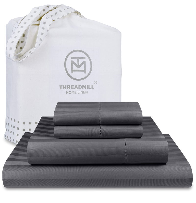 Threadmill Threadmill 500 Thread Count Queen Size Damask Stripe  4 Pc Luxury Cotton Sheet Set  Silky Smooth Dark Grey Sheets with 16"" Elasticized Deep Pocket  2 Pillowcases & Free Tote Bag 