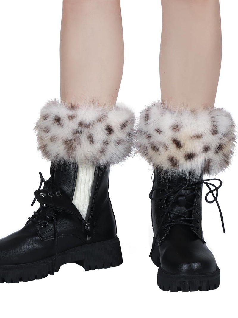 LA CARRIE Women Faux Fur Plush Leg Warmers Short Furry Fuzzy Leg Cuffs Girls Winter Knitted Boot(Khaki Leopard Printed) - Image 5
