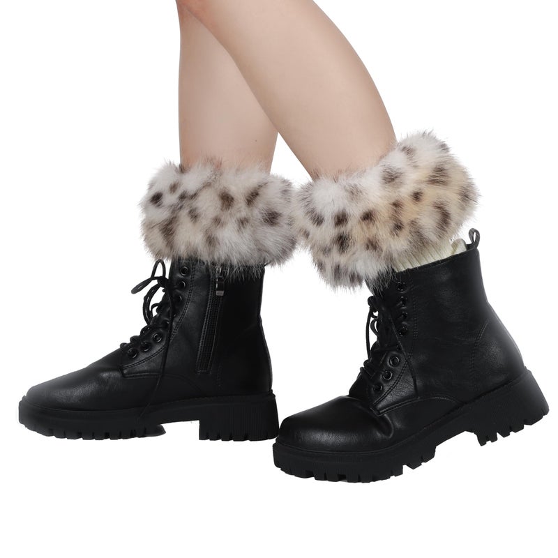 LA CARRIE Women Faux Fur Plush Leg Warmers Short Furry Fuzzy Leg Cuffs Girls Winter Knitted Boot(Khaki Leopard Printed) - Image 3