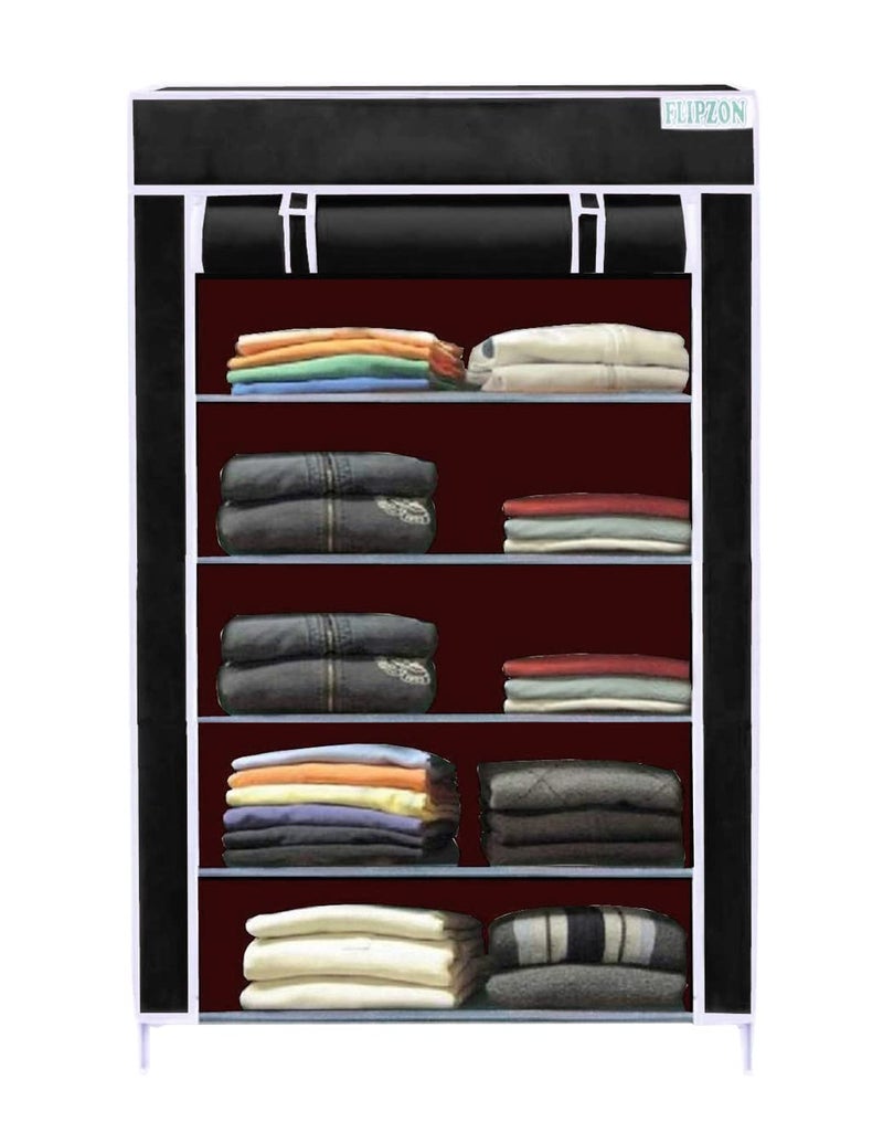 FLIPZON | 5 Shelves Baby Foldable Wardrobe | Non-Woven Fabric Shelves | Black, (58 X 28 X 91Cm) - Image 1