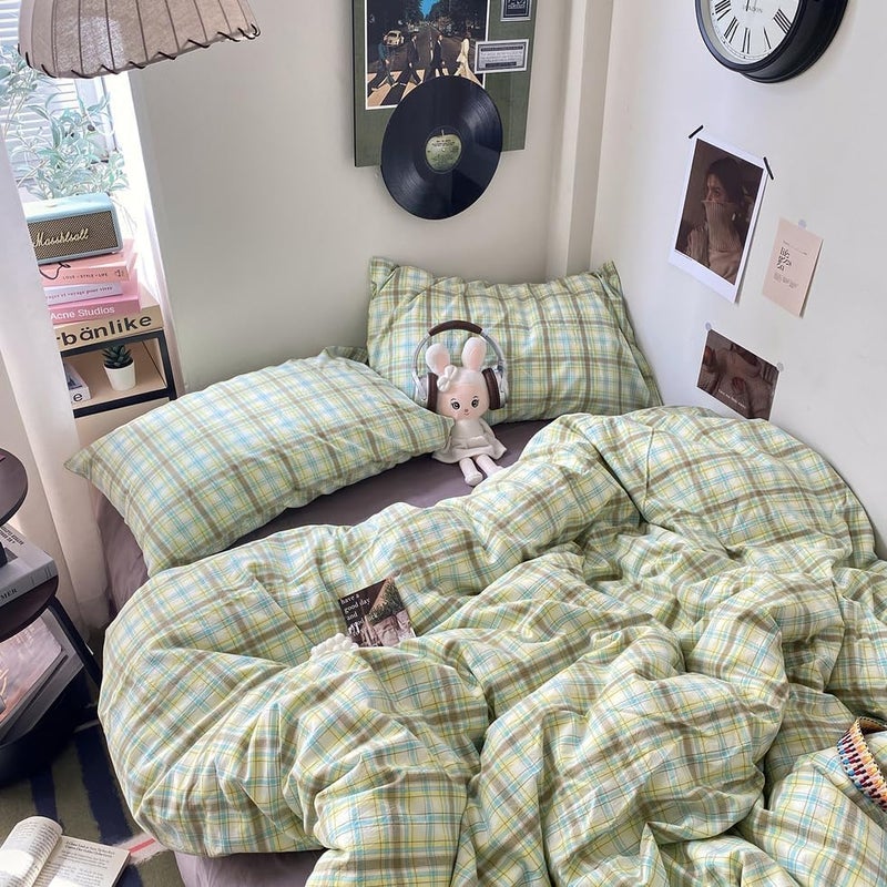 EAVD Multicolor Buffalo Plaid Duvet Cover King Soft 100% Washed Cotton Reversible Grid Checkered Plaid Bedding Set Vintage Gingham Duvet Cover with 2 Pillowcases Modern Checkered Bedding Set - Image 3